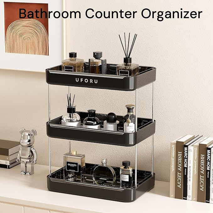 Countertop Coffee Station Organizer, 3 Tier Wine Glass Holder, Mug Shelf with Removable Drain Tray, Spice Rack for Kitchen, Bathroom Countertop Organizer, Black-NeatNest
