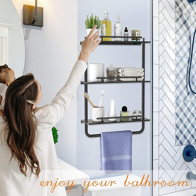 Floating Shelves, 3 Tier Wall Mounted Metal Floating Shelves Black with Frame and Towel Rack for Bathroom, Living Room, Bedroom, Kitchen
