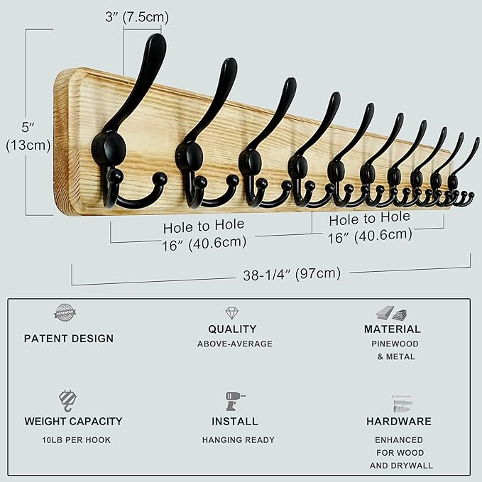 Dseap Coat Rack Wall Mount - 38-1/4" Long, Heavy-Duty, 10-Hooks, Rustic Wooden Wall Coat Hanger Hook Rail for Winter Jackets, Hats, & Clothing, Light Brown & Black