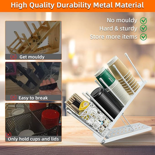 Coffee Bar Organizer Countertop, Metal Coffee Station Organizer with Straw Holder & Clean Brush, 4 Compartment Cup and Lid Holder Cup Dispenser Accessories Station (White)-NeatNest