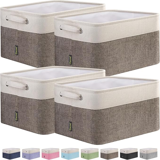 BALEINE 4 Pack Fabric Storage Bins for Shelves, Linen Storage Baskets for Organizing, Decorative Closet Bins for Clothes, Home (Brown, 12"x8"x8")-NeatNest