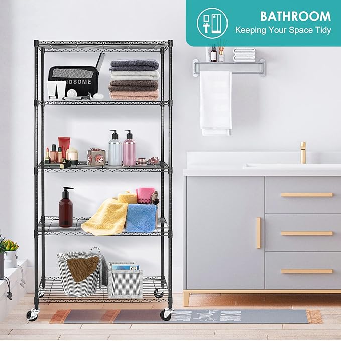 5 Tier Wire Shelving Unit, Adjustable Metal Storage Rack, Mobile Wire Shelves for Kitchen, Laundry, Bathroom, Pantry, Closet Organization (17.7" D x 35.5" W x 71" H, Black)