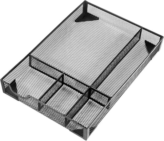 Desk Drawer Organizer Tray, 5 Compartments Metal Mesh Drawer Organizer Tray, Pen Pencil Desk Organizers and Accessories for Office Supplies, School & Makeup, 12.3 x 8.4 x1.7inch, Black-NeatNest