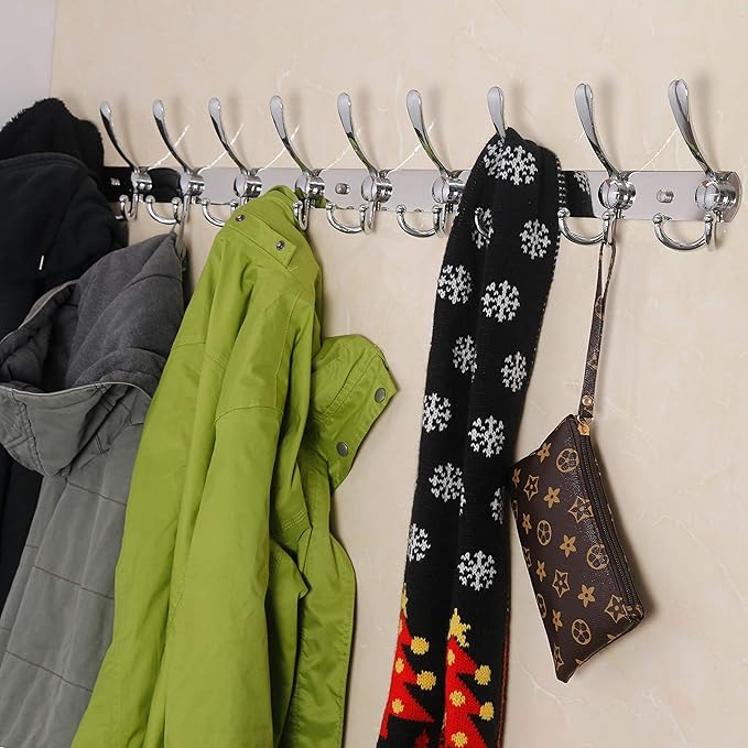 Dseap Coat Rack Wall Mount - 38” Long 10-Tri-Hooks Heavy Duty Coat Hanger Rail Wall Hooks for Hanging Coats Hats Clothing Clothes Purse Mudroom Entryway, Chromed-NeatNest