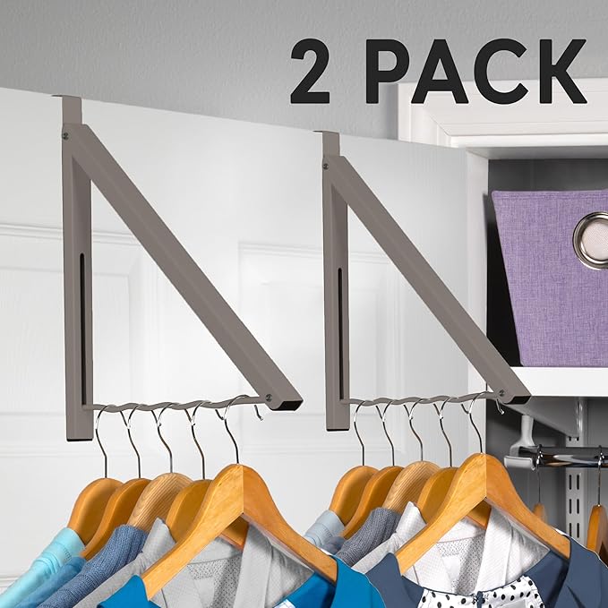 HOLDN’ STORAGE Over The Door Hanger - Single Foldable Rack Organizer for Hanging Clothes, Coats & Towels, Ideal for Dorm Rooms, Laundry, Bathrooms, Etc - Holds up to 20 LBs - Satin Nickel (2 Pack)