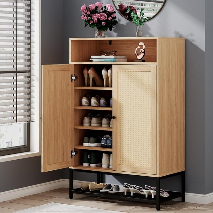 Rattan Shoe Organizer with Doors, Shoe Storage Cabinet with Adjustable Shelves for Entryway, 7-Tier Entryway Shoe Rack Storage for Hallway, Closet, Living Room-NeatNest
