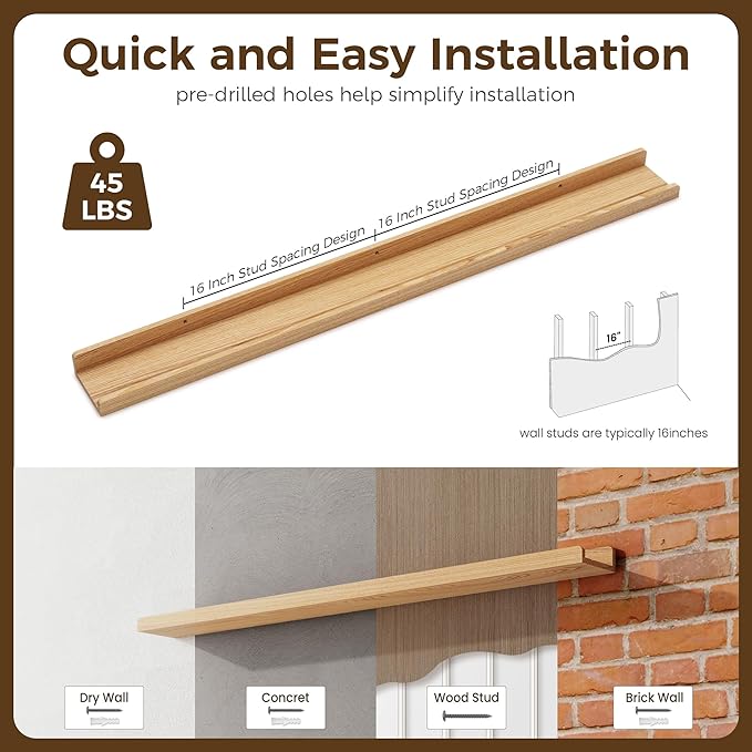 Floating Shelves for Wall 48 Inch | Picture Ledge Shelf Set of 2 | Solid Ash Wood Floating Shelves with Lip | Natural Wood Picture Shelf for Wall with Ledge | Photo Ledge Shelves-NeatNest