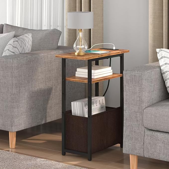 Narrow Side Table with Charging Station Set of 2, Small End Table for Small Spaces, Skinny Nightstands Set 2 with Storage Basket,Sofa Bedside Tables for Living Room,Bedroom, Rustic Brown