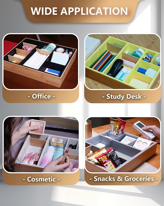 Bamboo Desk Drawer Organizer Tray, Silicone Sturdy Junk Drawer Organizer with 10 Adjustable Compartments, Desk Organizers and Accessories with 4 Removable Dividers for Office Home (White)-NeatNest
