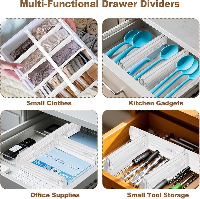 6 Pack Drawer Dividers for Clothes, 4" High 10"-17" Adjustable Drawer Dividers Expandable Dresser Drawer Organizer, Clear Drawer Separators for Clothes, Underwear, Cosmetic, Kitchen Utensils Storage-NeatNest