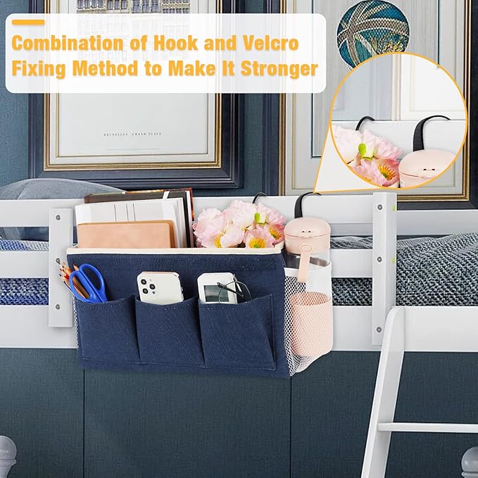 Bedside Caddy Bedside Organizer Bedside Storage Caddy with Fixed Straps and Water Bottle Holder for Home College Dorm Bunk Bed Hospital Bed Crib Bed Rails (2pcs Navy Blue)-NeatNest
