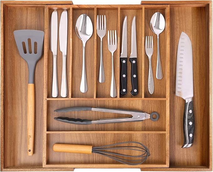 Bellsal Large Premium Acacia Wood Silverware Organizer - Expandable Utensil Drawer Organizer - 17"x19.6" Utensil Holder and Cutlery Tray with Grooved for Kitchen Flatware Utensils(7-9 Slot, Acacia)-NeatNest