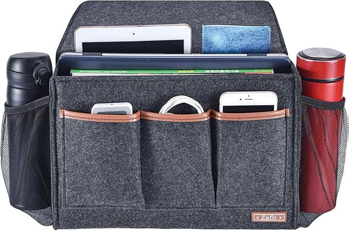 Bedside Caddy, Large Size Storage Organizer with 8 Pockets - Holds Magazines, Remotes, Phone (13.4'' x 18.1'', Dark Grey)-NeatNest