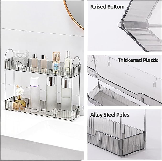 YCIA&DONE 2 Tiers Narrow Vanity Makeup Organizer, Bathroom Organizers Countertop Slim, Perfume Holder Skincare Storage Cosmetic Shelf Spice Rack, for Small Desktop Counter Space, Smoky Gray-NeatNest