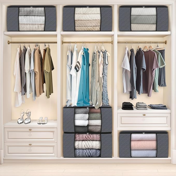 Fab totes 6 Pack Clothes Storage, Foldable Thick Fabric Blanket Storage Bags, Containers for Organizing Bedroom, Closet, Clothing, Comforter,Closet Organization with Handle,Grey-NeatNest