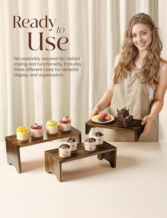 Acacia Wooden 3 Tier Cupcake Stand - Risers for Display for Food Buffet Risers and Stands – Food Stands for Display Party – Acacia Wooden Cupcake Stand - Set of 3 Size (Walnut Color)-NeatNest