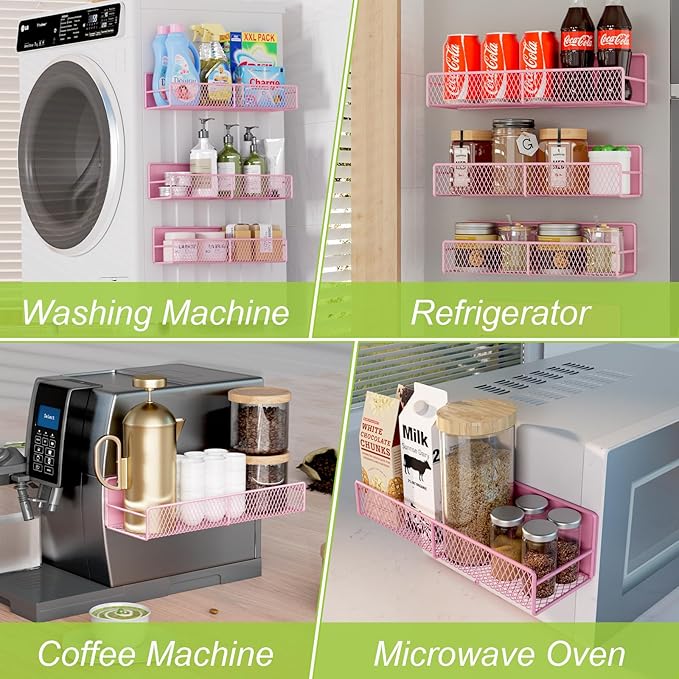 4 Pack Magnetic Shelves for Washing Machine, Heavy-Duty Magnetic Laundry Organizer with Hooks, Washing Machine Shelf for Refrigerator, Metal Storage Baskets, Closet & Laundry Room Organization (Pink)