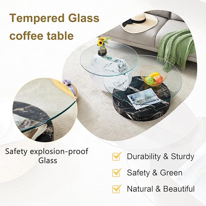 Glass Coffee Tables Round Coffee Tables for Living Room Modern 3 Tier Round Table Circle Coffee Table for Small Space Home Office (42 Inch White+Black)