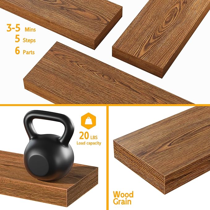 BAMEOS Floating Shelves, American Oak Wall Mounted Wooden Shelves with Invisible Brackets Set of 3, Hanging Wall Shelves Decoration for Bedroom, Bathroom, Living Room and Kitchen-NeatNest
