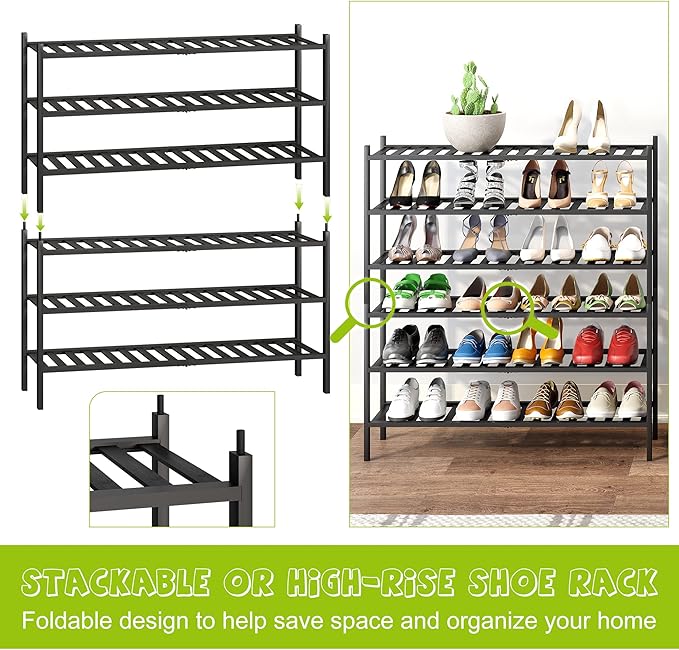BMOSU 3-Tier Bamboo Extended Shoe Rack Premium Stackable Shoe Shelf Storage Organizer for Hallway Closet Living Room Entryway Organizer (Black Bamboo)-NeatNest