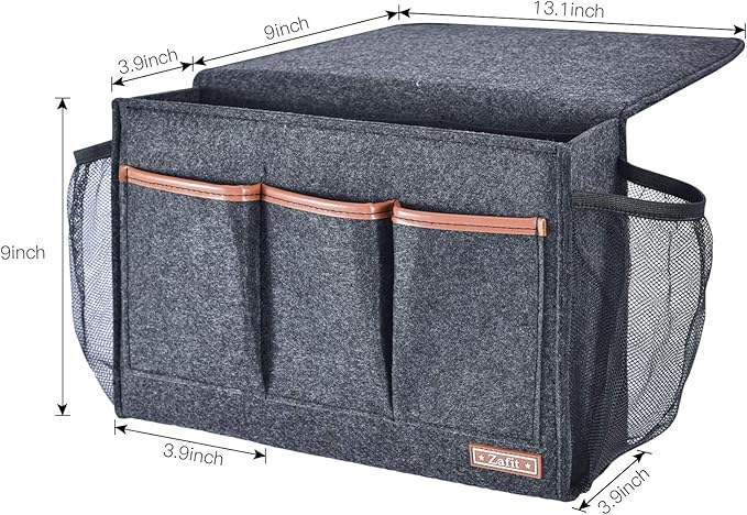 Bedside Caddy, Large Size Storage Organizer with 8 Pockets - Holds Magazines, Remotes, Phone (13.4'' x 18.1'', Dark Grey)-NeatNest