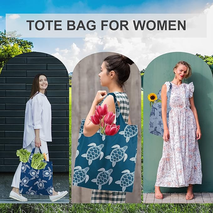 BeeGreen Sea Turtle Reusable Grocery Bags Large Tote Bag With Handles, Bulk Gift Foldable Shopping Bags for Women 6 Pack, Cute Cloth Bag, Heavy Duty, Washable For Beach, Holiday, Travel And Groceries-NeatNest