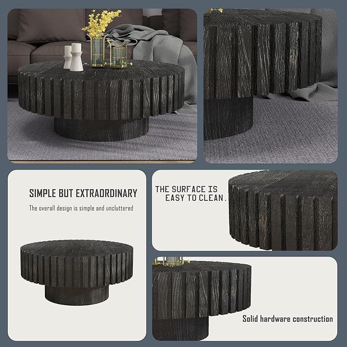 31.4" Round Modern Coffee Table, Wood Coffee Tables for Living Room, Minimalist Tea Table Circular Wooden Coffee Tables for Small Space Office Apartment Black