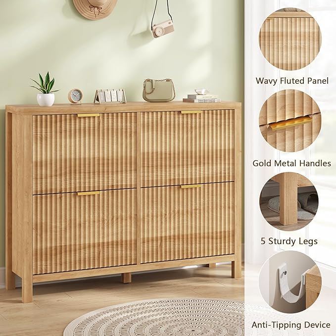 Shoe Cabinet Storage for Entryway, Fluted Shoe Cabinet with 4 Flip Drawers, Hidden Shoe Rack Freestanding Wooden Shoe Organizer with Legs for Hallway, Oak-NeatNest