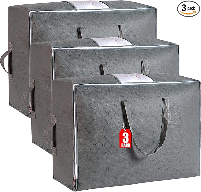 105L Extra Large Storage Bags for Blankets, King Comforters, Bedding, Clothes, Pillows, Sheets - Closet Organizers and Storage with 4 Handles & Clear Window, Foldable & Breathable (Grey, 3pack)-NeatNest