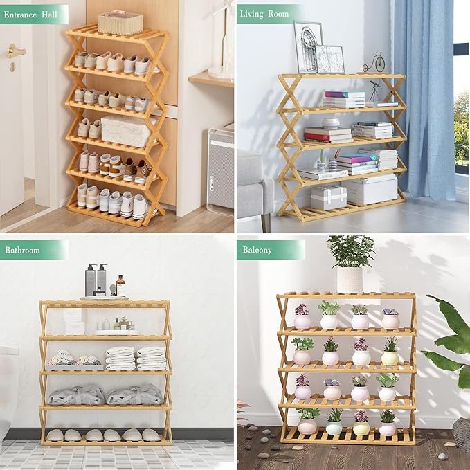 6 Tier Bamboo Shoe Rack,Portable Folding Shoe Storage Rack,Without Installation Small Shoe Rack Perfect for Corridors, Bedrooms and Small Spaces (6 Tier)-NeatNest