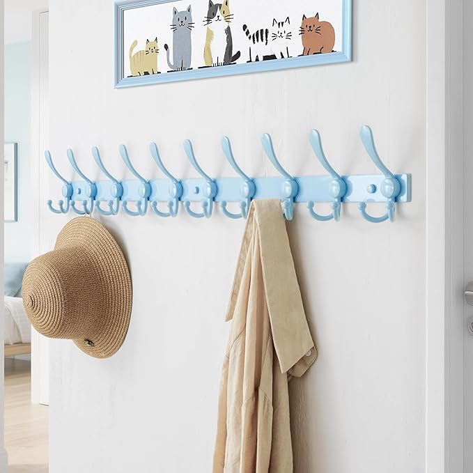 Dseap MaxStrong 2.0 Coat Rack Wall - 37” Long 10 Tri Hooks - Ultra Heavy-Duty Stainless Steel Wall Mount Coat Hanger, Hook Rail for Clothes Hats Jacket Towels Blue