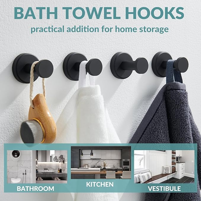APLusee Matte Black Bath Robe Towel Hook 4 Pack, Stainless Steel Bathroom Coat Hook, Wall Mount