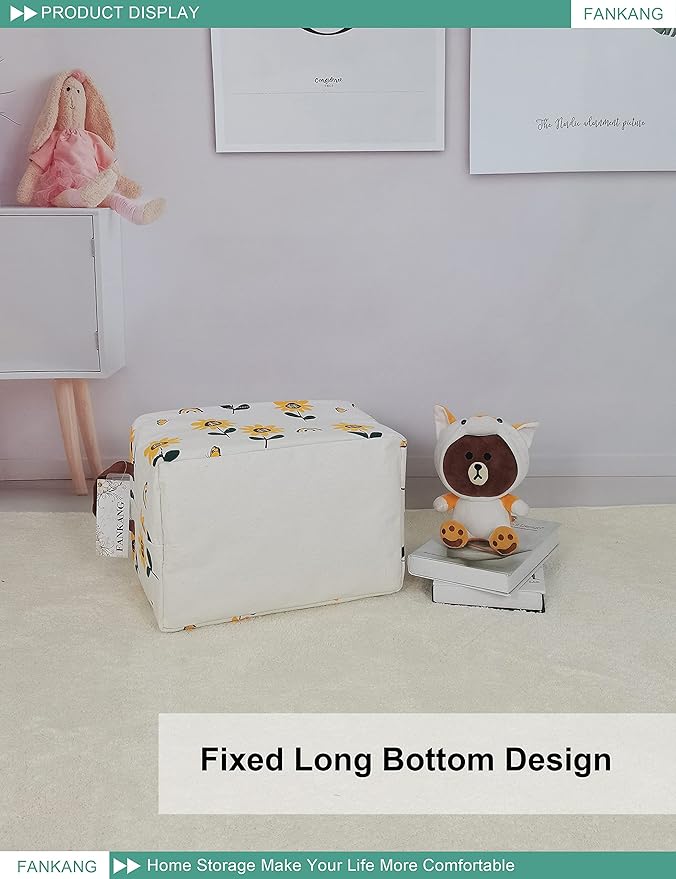 FANKANG Storage Bins, Nursery Hamper Canvas Laundry Basket Foldable with Waterproof PE Coating Large Storage Baskets for Kids Boys and Girls, Office, Bedroom, Clothes,Toys(Rec-Sunflower)