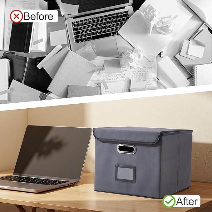File Organizer Box, Linen Filing Organizer with Lid, Large Desktop File Boxes,Dark Grey,2 Pack