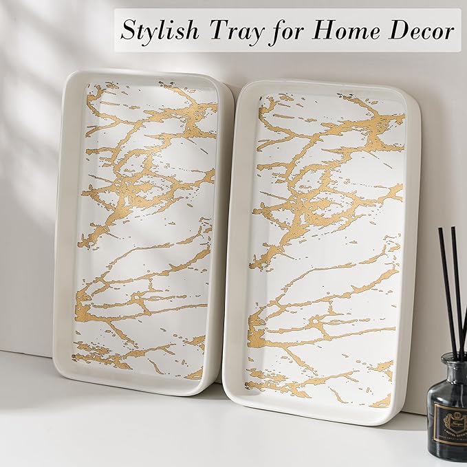 Bathroom Vanity Tray for Countertop,2PC Rectangle Marble Tray Set,Decorative Bathroom Organizer for Scrubber, Lotion Bottles, Perfume, Jewelry, Candle, Key Trinket Ring(Large,White)-NeatNest