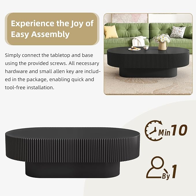 KEVINSPACE Oval Coffee Table for Living Room Modern Wood Center Tables Cocktail Fluted 43.3" W Reception Room Easy Assemble, Black