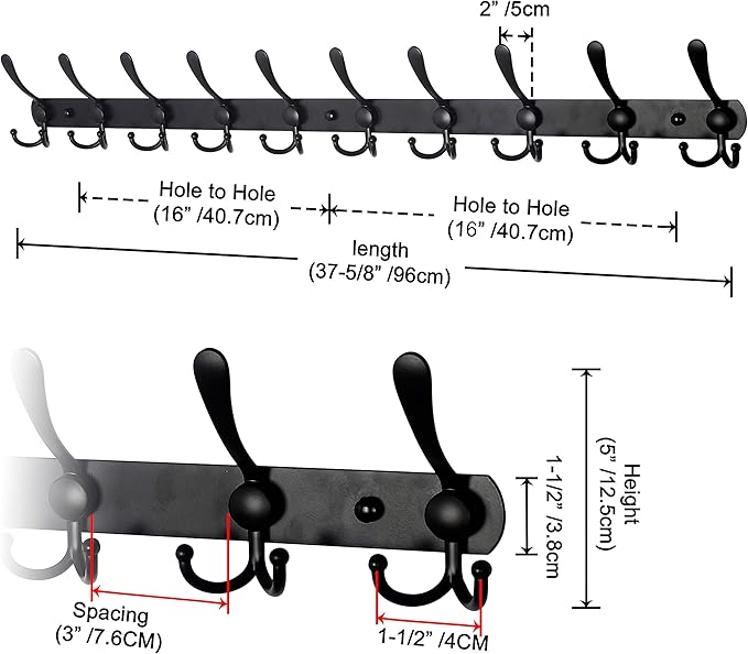 Dseap Coat Rack Wall Mount - 38” Long 10-Tri-Hooks Heavy Duty Coat Hanger Rail Wall Hooks for Hanging Coats Hats Clothing Clothes Purse Mudroom Entryway, Black, Pack of 2-NeatNest