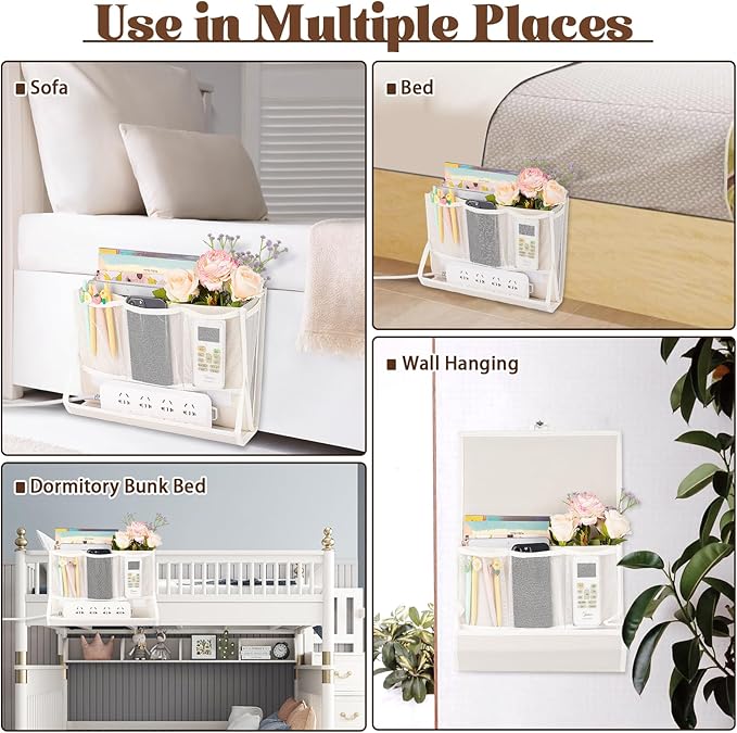 Bedside Caddy Bedside Storage Organizer Bedside Organizer with Power Strip Holder and 2 Adjustable Straps for Home Bunk Bed College Dorm Sofa (2 Pack White)-NeatNest