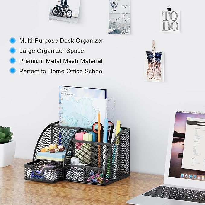 EasyPAG Mesh Desk Organizer, Multi-functional Stationery Organizer for School Supplies, Office Pen Holder for Desk, 6 Compartments Dorm Organization with Drawer, Black