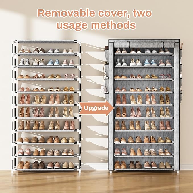 VTRIN Tall Shoe Rack with Cover, 10 Tier Shoe Organizer Storage for 50-55 Pairs Shoes and Boots Large Capacity Shoe Shelf with 8 Pockets Free Standing Shoe Rack for Closet, Entryway, Garage, Printing-NeatNest