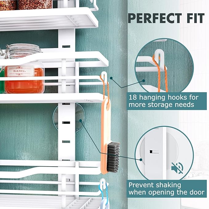 Over The Door Pantry Organizer,6-Tier Over The Door Organizer with Adjustable Basket,Metal Hanging Pantry Organizers and Storage for Kitchen, Back of Door Seasoning Rack (White)