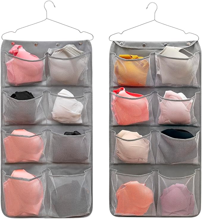Dual Sided Hanging Closet Organizer Durable Socks Stocking Clothes Bra Accessories Storage Bag With 16 Large Pockets (Nylon Mesh Pockets)-NeatNest