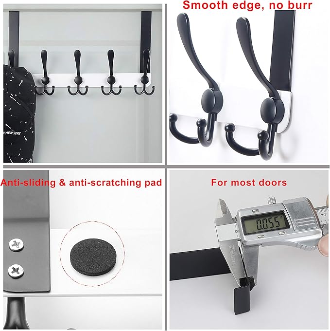 Dseap Over The Door Hook Hanger - 5 Tri Hooks, Heavy Duty Over The Door Towel Rack Coat Rack for Clothes Hat Towel, White & Black, 2 Packs