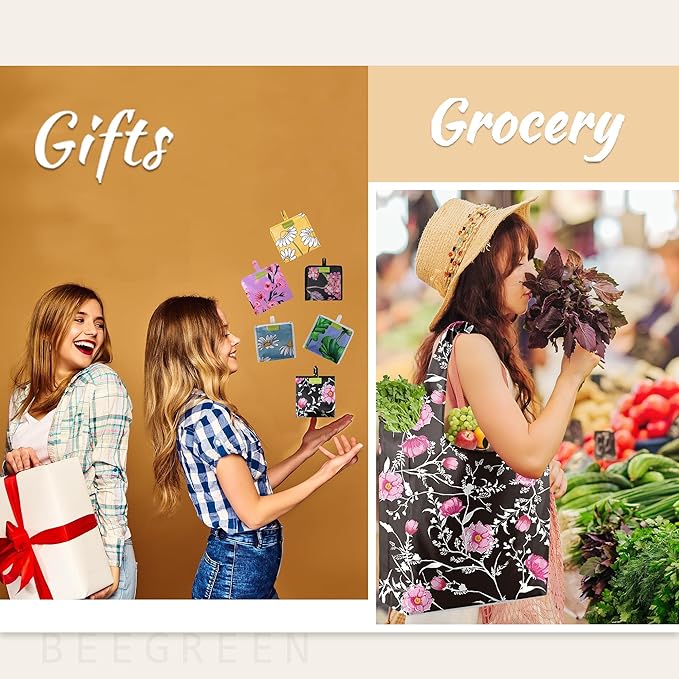 BeeGreen Floral Reusable Grocery Bags - X Large 50 LB Capacity,Foldable Tote Bag Gifts Fashionable Ripstop Polyester, Recyclable, Machine Washable Bulk Bags With Pouch - Ideal for Shopping-NeatNest