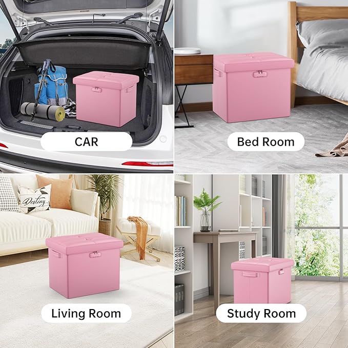 DocSafe Storage Ottoman Foot Rest Stool with Lock & Handles, Fireproof Folding Leather Footstool Bench with Storage Safe for Living Room Bedroom, Home Office, Dorm, 17x13x13in, Pink-NeatNest