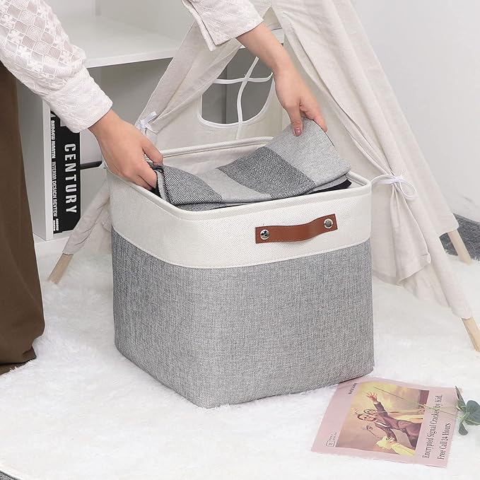 DULLEMELO Cube Basket for Storage, Collapsible Fabric Cube for Organizing, Storage Cube for Closet, Laundry, Nursery, Shelves, Decorative Basket for Gifts Empty (White&Gray)-NeatNest
