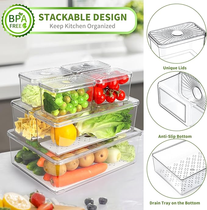 13 Pack Fridge Organizers Bins and Storage, PBA Free Refrigerator Organizer with Lids, Stackable Food Storage Bins for Kitchen, Countertops, Cabinets, Fridge, Drinks, Fruits, Vegetable