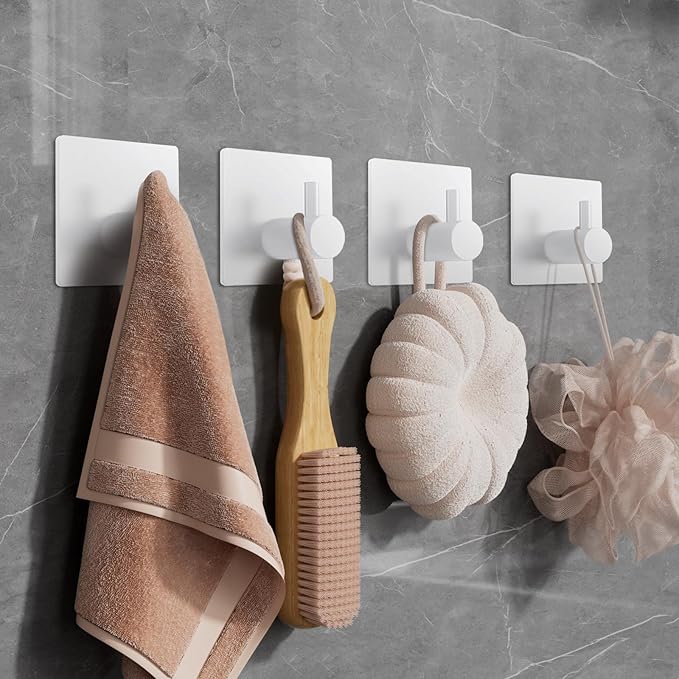 4PCS Adhesive Matte White Self-Adhesive Towel Hook, Waterproof Shower Wall Hook, Heavy-Duty Stainless Steel Adhesive Hook for Bathroom, Kitchen, Bedroom, Suitable for Hanging Clothes, Hats, Bags, Keys
