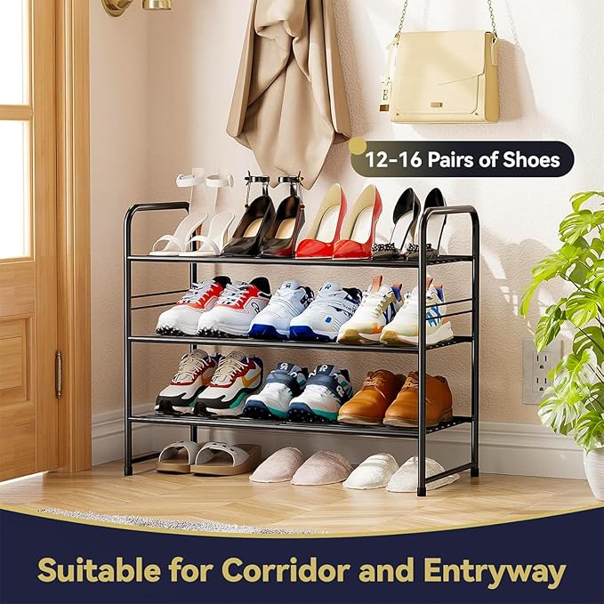 3-Tier 27” Wide Shoe Rack for Closet, Metal Stackable Shoe Shelf Organizer, Black-NeatNest