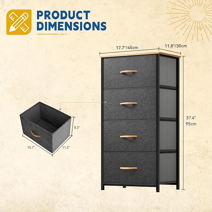 DWVO 4 Drawers Dresser, Dresser for Bedroom, Fabric Storage Tower, Chest of Drawers, Organizer Unit for Closets, Living Room, Sturdy Steel Frame, Wooden Top, Easy Pull Fabric Bins-NeatNest